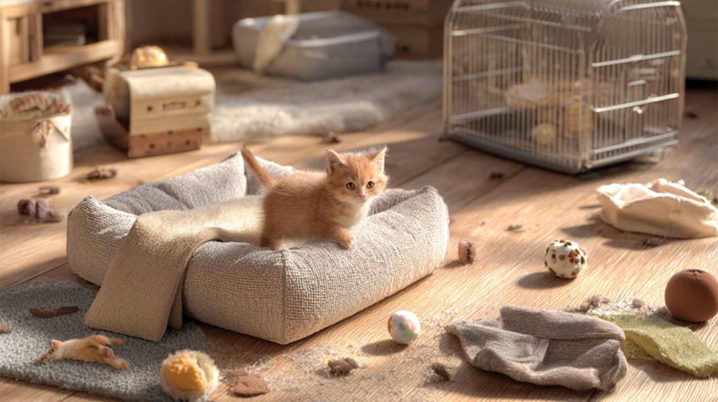Small kitten on dirty pillow